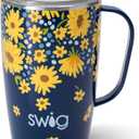 Swig Life 18oz Travel Mug, Insulated Tumbler with Handle and Lid, Cup Holder Friendly, Dishwasher Safe, Stainless Steel, Travel Coffee Cup (Lazy Daisy)