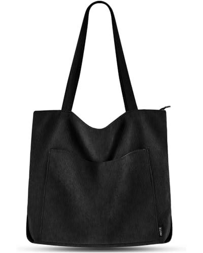 Prite Corduroy Tote Bag for Women Large Shoulder Bag with Zipper and Pockets for College Work Travel Shopping(Black)