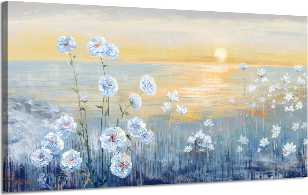 Blue Ocean Sunset Canvas Wall Art for Living Room Abstract Seascape Painting Coastal Beach Wildflowers Picture Natural Sea Landscape Print Sunrise With Yellow Orange Sky Seaside Artwork 20x40inch