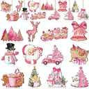 Huwena 36 Pcs Pink Ornaments for Christmas Tree Vintage Wooden Christmas Hanging Ornaments Rustic Xmas Tree Decoration for Festival Party(Cute Style)