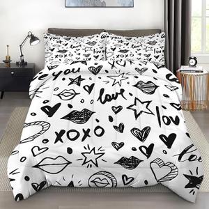 Pamnest Comforter Set Full Size, Black White Love Star Cute Soft 3 Pcs Bedding for Kids and Adults, Watercolor Vintage Comforter Set with 2 Pillowcases, for Bedroom Bed Decor
