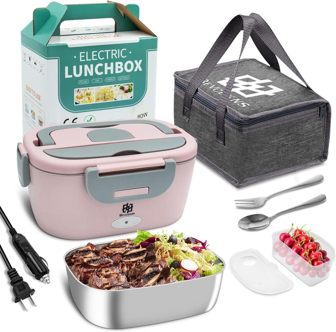 80W Electric Lunch Box [2024 Upgrade]Portable Food Warmer for Office Desk & Car Travel 3-Mins Fast Heating 304 Stainless Steel Container Leakproof BPA-Free Pink with Utensils & Insulated Bag
