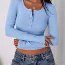 2 x PRETTYGARDEN Women's 2025 Summer Long Sleeve Henley T Shirts Ribbed Knit Button Slim Fitted Basic Casual Going Out Fall Tops (Blue, L)