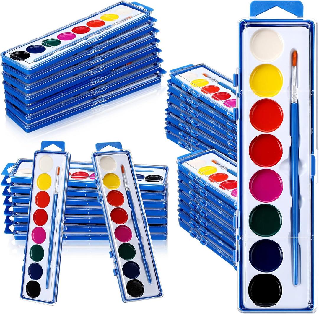 12 Pack 8 Colors Watercolor Paint Set for Kids Washable Watercolor Paint with Paintbrush for Classroom School Preschool Gifts Art Activities Birthday Party Supplies(Blue)
