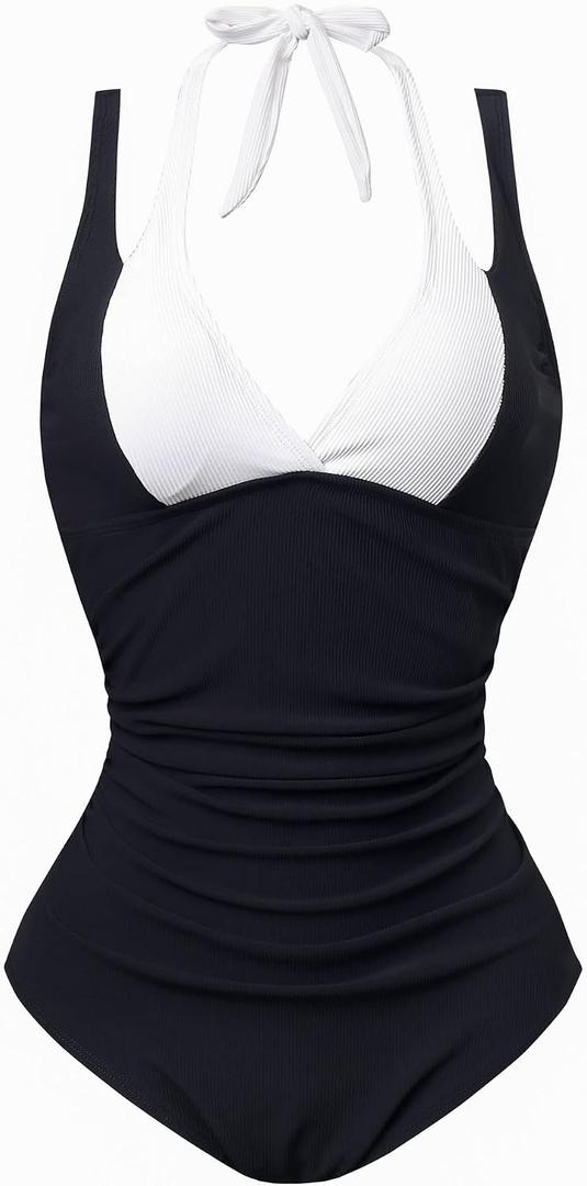 Smismivo Ribbed Halter One Piece Tummy Control Swimsuit for Women Cute Color Block Bathing Suits Push Up 2025 (Black, Large)