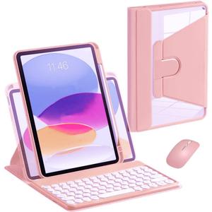 AnMengXinLing Keyboard Case for iPad Air 11 inch 2025(M3)/2024(M2)/ Air 5th 4th Generation/Pro 11 Case with Mouse, Rotating Cover with Pencil Holder& Round Key Keyboard Mouse Set,Pink
