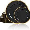 supernal 60pcs Black and Gold Birthday Plates Plastic Plates for Party and Fancy Disposable Plate Heavy Duty Scalloped Plate Wedding Disposable Dinnerware Included 30 Dessert & Dinner Plate