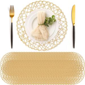 Geosar Round Woven Placemats Bulk Rustic Paper Braided Placemats Boho Natural Non slip Heat Resistant Table Mats for Wedding Party, Dinner Table Centerpiece Decoration, 13 Inch (White Beige,24 Pcs)