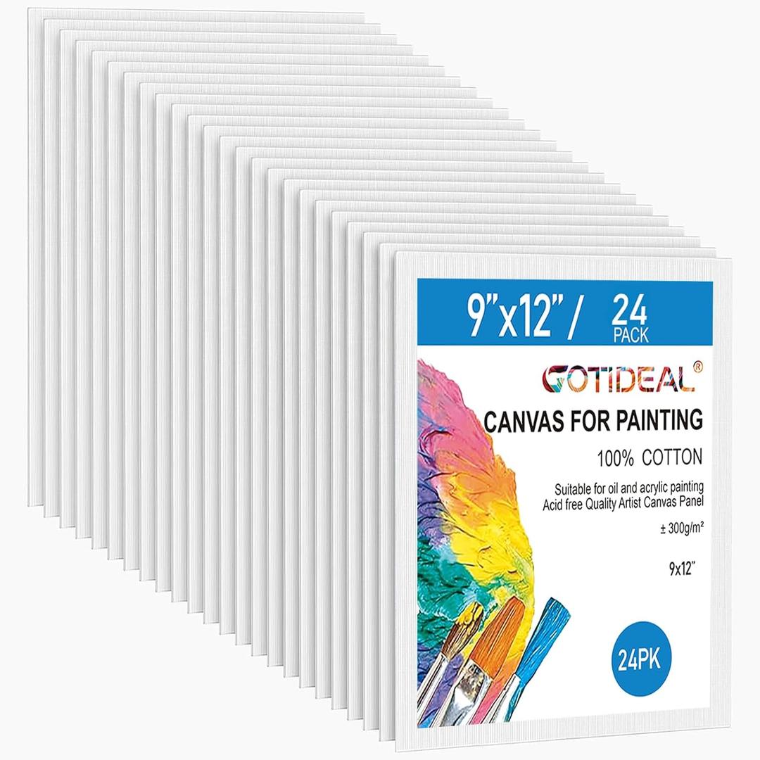 Gotideal Canvas for Painting, 24pcs 9x12 Primed Bulk Painting Canvas Board for Kids and Adults, White Blank Canvas Panels for Acrylic Paint, Oil, Pour Art Supplies