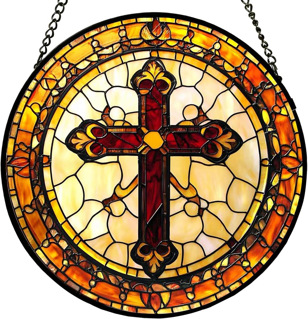 Cross Stained Glass Window Hanging -Cross Suncatcher for Window Doors Home Decoration and Christmas, Mother's Day Father's Day Birthday Gifts for Women, Men, and Mom 7.8x7.8 in