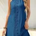 MITILLY Womens Halter Summer Eyelet Mini Dress Casual Sleeveless Floral Lace Lined Sundresses for Beach Vacation Holiday (Blue, L)