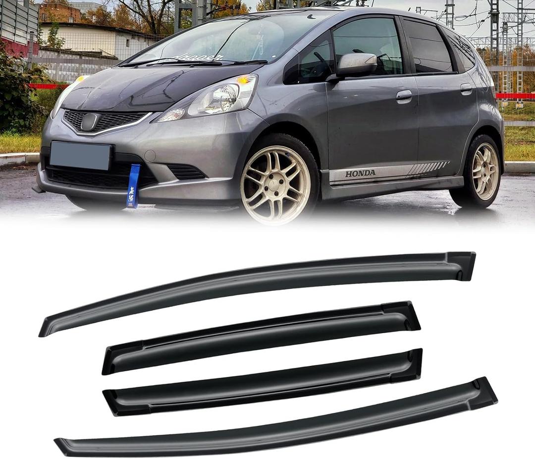 Window Visor for Honda Fit 2009-2014, Out-Channel Rain Guards Shields Vent Deflector Shade Wind Dark Smoke 2010 2011 2012 2013, Tape-On Outside-Mount, 4PCS
