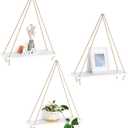 Mkono Wood Hanging Shelves for Wall Boho Decor Swing Rope Rustic Floating Shelf, Set of 3 Wall Display Shelving Home Organizer Rack for Living Room Bedroom Bathroom Kitchen,White