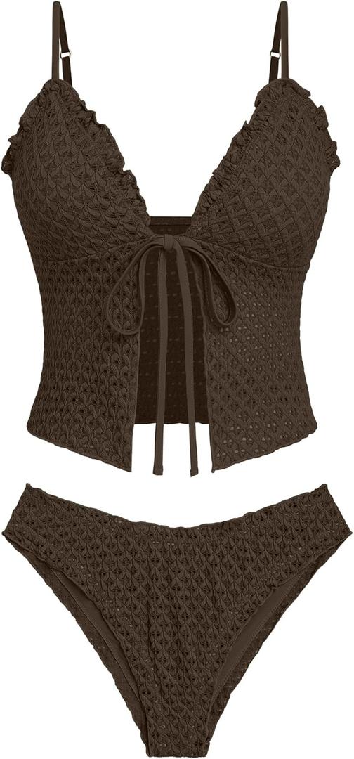 seamoly Women's Tankini Sets Tie Front Ruffle Bikini Set High Cut Thong Two Piece Swimsuit Floral Gingham Bathing Suit (X-Large, Coffee)