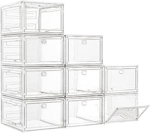 7 code Large Clear Shoe Boxes Organizer【Thicker Material】 Stronger Shoe Box with Magnetic Door, Stackable Shoe Storage Box for Closet, Foldable Space-Saving Storage Bins Shoe Cabinet, White 9 Pack