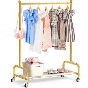 SLEEPING LAMB Kids Dress Up Rack with Wheels, Metal Small Kids Clothing Rack for Hanging Clothes with Bottom Shelf, Baby Dress Up Storage Wardrobe for Little Girls, Toddler, Gold