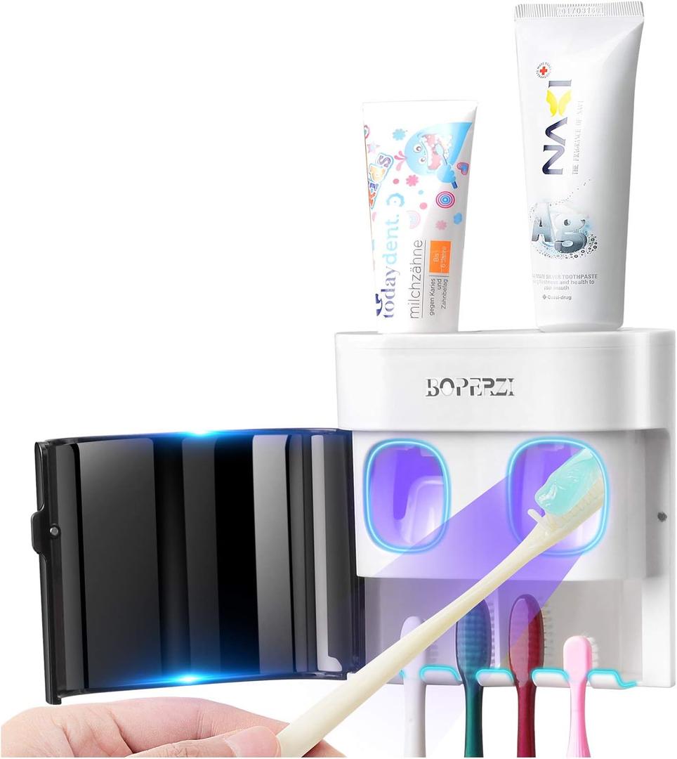 Boperzi Dustproof Cover Toothbrush Holder Wall Mounted Automatic Dispenser for Shower Bathroom Set with 2 Toothpaste Squeezers(No Electric, No Light) (Black)