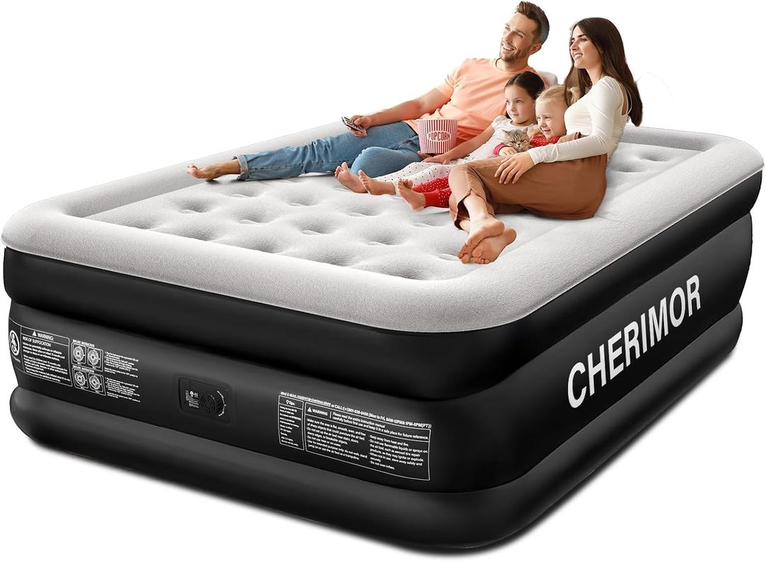CHERIMOR Queen Air Mattress with Built-in Pump, 18" Raised Comfort, 48Hr Leak-Proof Test, Upgraded Honeycomb Pillar Design, Supports 800 lbs, 3-Min Inflation-Inflatable Bed for Home Guests & Camping, Queen 18in