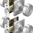 2 Pack Brushed Nickel Door Knobs with Square Rosette,Pismo Door Knob with Lock,Privacy Door Handles Interior for Bath & Bed