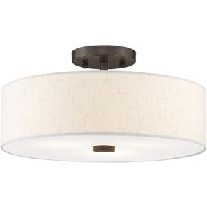 Livex Lighting 52135-92 Meridian Collection 3-Light Semi Flush Mount Ceiling Fixture with Oatmeal Color Fabric Hardback Drum Shade and Satin White Diffuser, English Bronze
