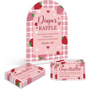 Baby Shower Games - Strawberry Diaper Raffle, 1 Arch Acrylic Sign and 50 Diaper Raffle Tickets, Gender Reveal Game, Berry Baby Shower Decoration Supplies (NS04)