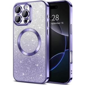 Hython for iPhone 16 Pro Case Clear Magnetic Glitter Phone Cases [Compatible with MagSafe] Full Camera Lens Protector Slim Gradient Sparkle Luxury Plating Shockproof Protective Cover, Light Purple