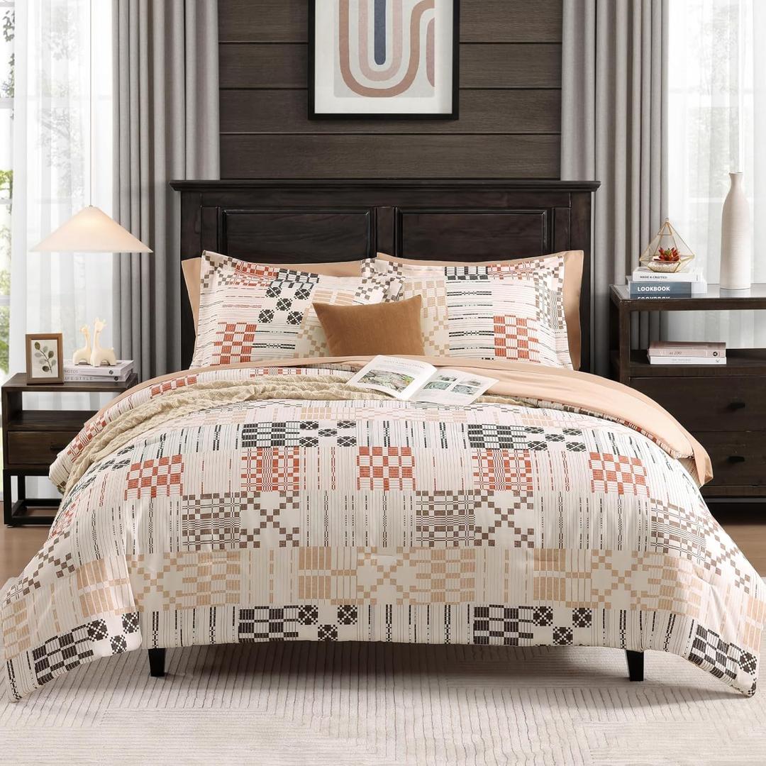MaiRve Queen Comforter Set, Classic Plaid Farmhouse Bedding Sets 7 Pieces, Beige All Season Bed in A Bag with Sheets, Pillowcases & Shams