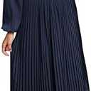 PRETTYGARDEN Women's Spring Midi Dress Long Puff Sleeve Wrap V Neck Flowy Ruffle Pleated Casual Fall DressesS Navy Blue, Small