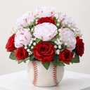 Tigeen 13 Pcs Baseball Rose Bouquet with Baby's Breath, Artificial Baseball Flowers for Senior Night Gifts, Party Favors, Graduation Birthday Decorations, Table Centerpieces (Red & White)