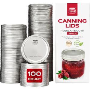 FORJARS - Canning Lids Regular Mouth, 100-Pack  Create Airtight Seals on Mason Jars to Preserve Food for Meal Prep & Food Storage  2.7 In. Steel Lids with Silicone Seals  Canning Supplies