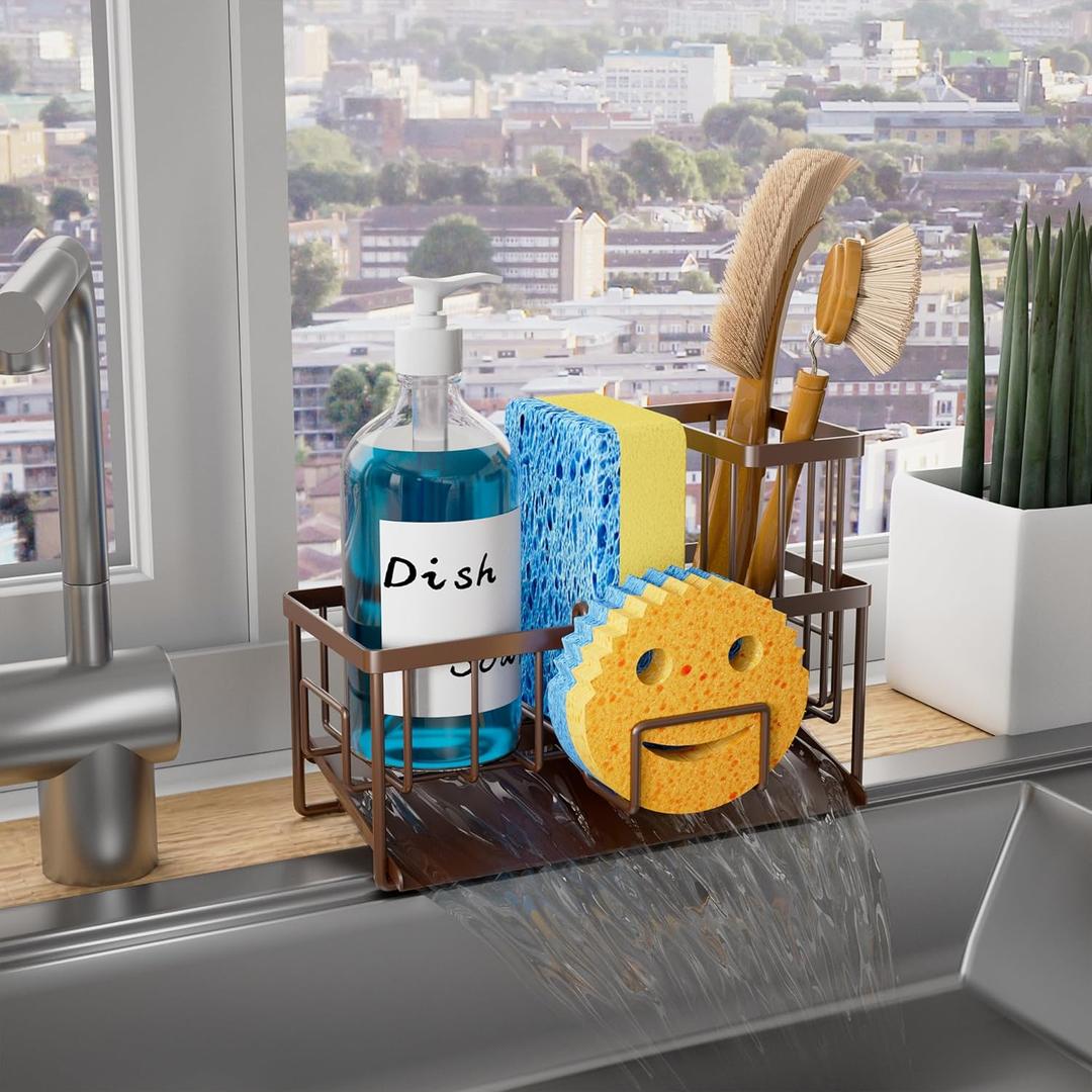 Vanwood Sponge Holder for Kitchen Sink with Self Tray, Sink Caddy Cocina Organzier with Brush Holder, Dish Sponge Caddy for Kitchen Organizers Storage Essentials (Bronze, 8.20"3.54"5.50")