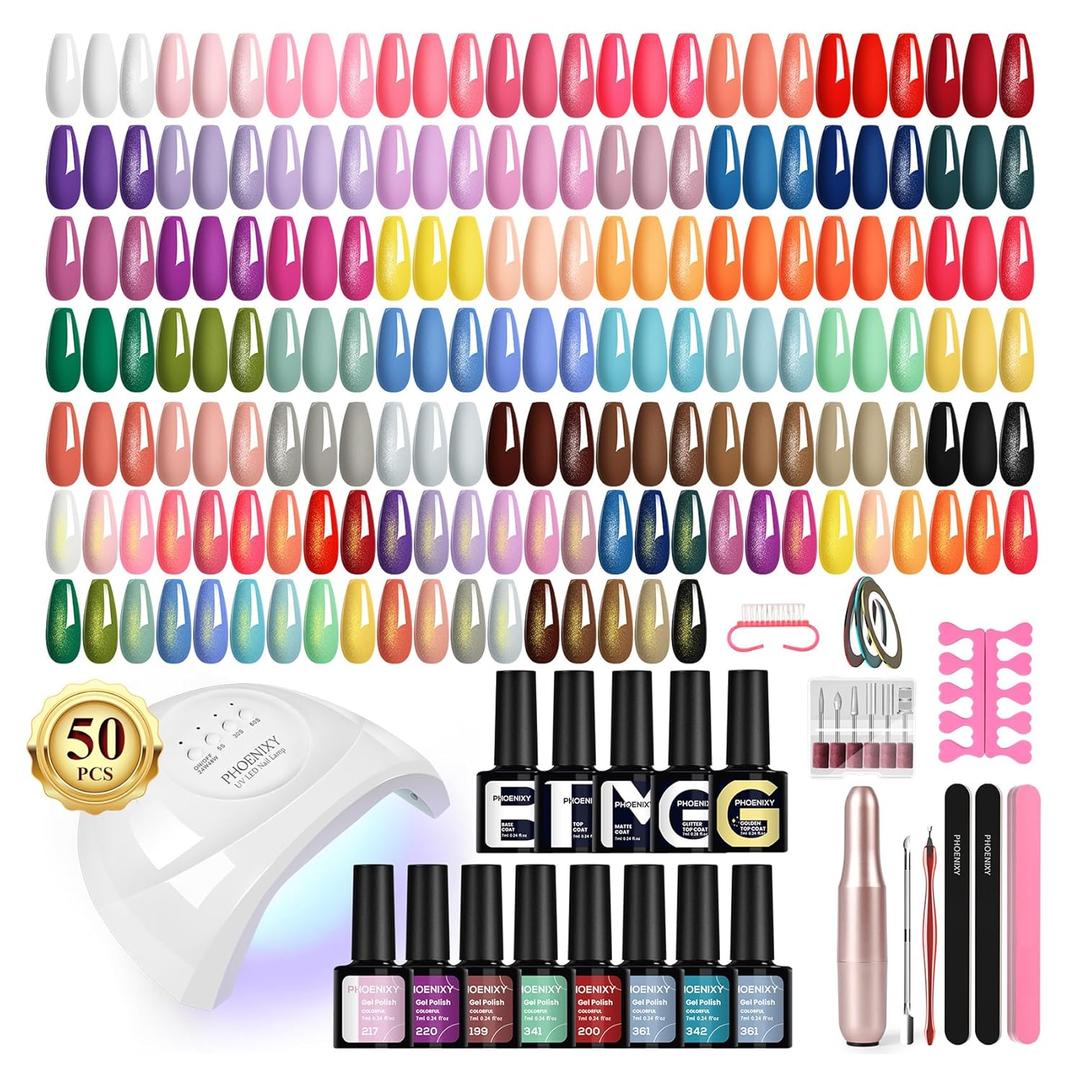 PHOENIXY 63 Pcs Gel Nail Polish Kit with U V light and Drill, 45 Colors Gel Polish with 5 Pcs Base Top Coat Manicure Starter Nail Polish Set Gifts for Women ST9017 (Floral Daydream)