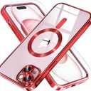 Misea Magnetic for iPhone 15 Plus Case Compatible with MagSafe [Never Yellowing] [Military Grade Drop Protection] Full Camera Lens Protector Plating Soft Clear Phone Case for Women, Red