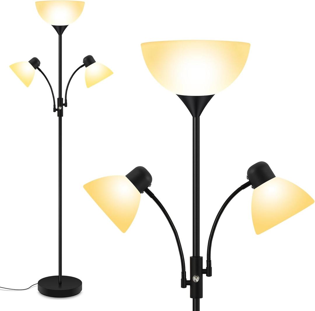 Floor Lamp Black, Standing Lamp, 71" Tall Lamps for Living Room, 3 Way Switch, Plastic Lampshade, Torchiere Floor Lamp with Reading Lamps, Modern Pole Lamps for Bedroom Kids Room E26 Base(No Bulb)
