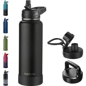 40oz Insulated Water Bottle with Straw, Stainless Steel Metal Vacuum Water Flask, Large Thermal Water bottle with Leakproof 3 Lids for Travel, Camping, Gym Sports Black