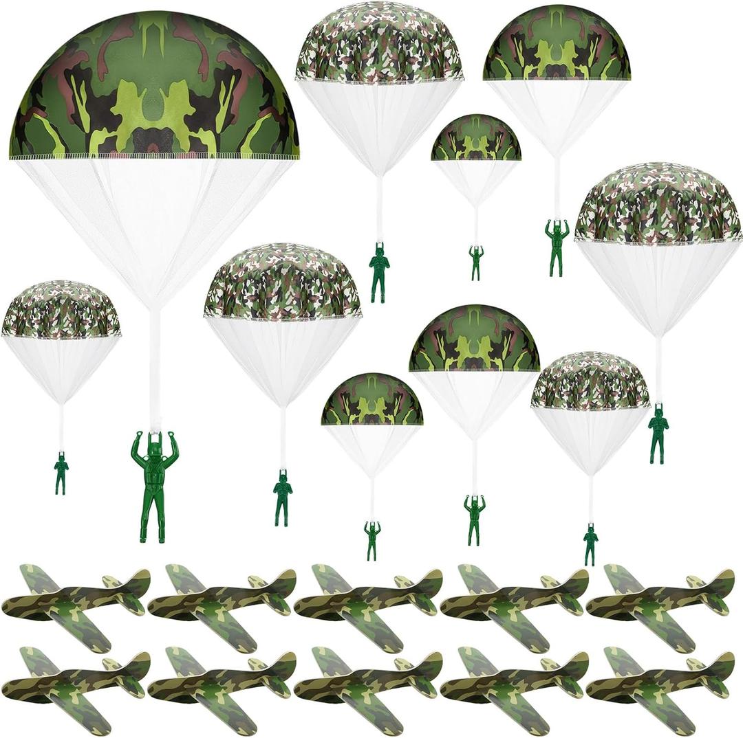 Jerify 20 Pcs Parachute Toys and Camouflage Foam Airplanes Set, Parachute Army Men Toys for Kids Army Hand Throwing and Foam Glider for Boys Gifts Outdoor Party Favors (Camouflage)