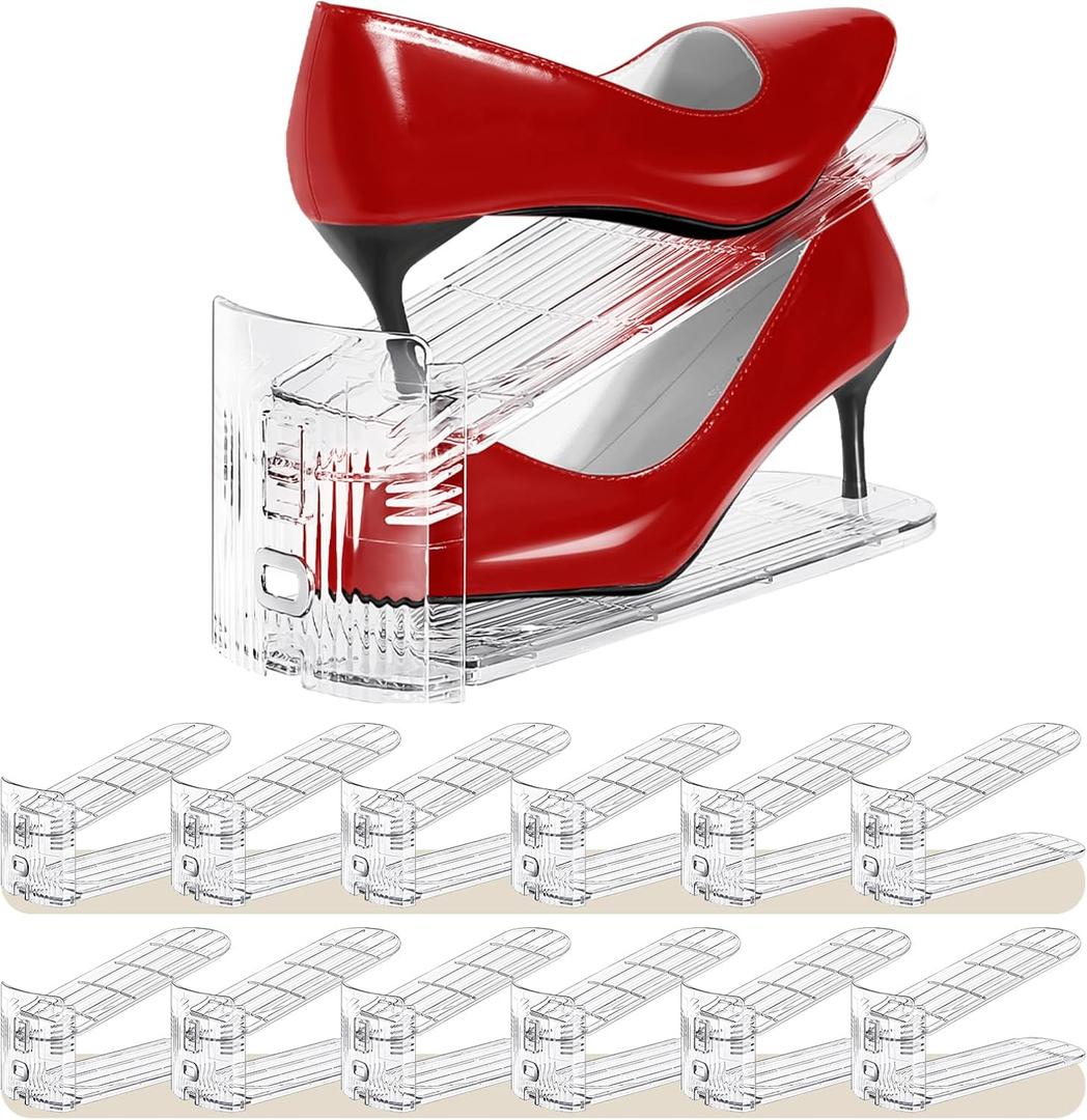 Shoe Slots Organizer 12 Pack - Shoe Stacker,3 Levels Adjustable, Space Savers 50%, Double Layer Holders for Closet (Transparent), Organizador de Zapatos