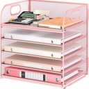 5 Tray Paper Organizer Letter Tray with Handle - Mesh Desk File Organizer, Paper Sorter Organizer for Office, Home or School File Folder Holder - Pink