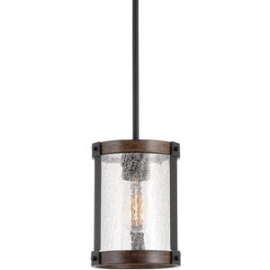 Kira Home Hadley 9" Modern Farmhouse Pendant Light, Crackled Glass Shade, Textured Black + Wood Finish Walnut Finish