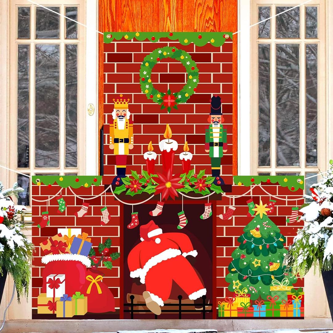 Christmas Door Cover 6.6 x 6.33 ft Fake Fireplace Backdrop Banner Red Wall Backdrop Xmas Hanging Banner Porch Sign for Indoor Wall Outside Front Door Winter Holiday Xmas Party Supplies