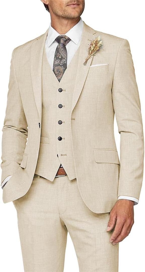 Wangyue Mens Suit 3 Piece Slim Fit Suit for Men Formal Business Suit Wedding Groom Prom Tuxedo Dinner Party (Large, Beige)