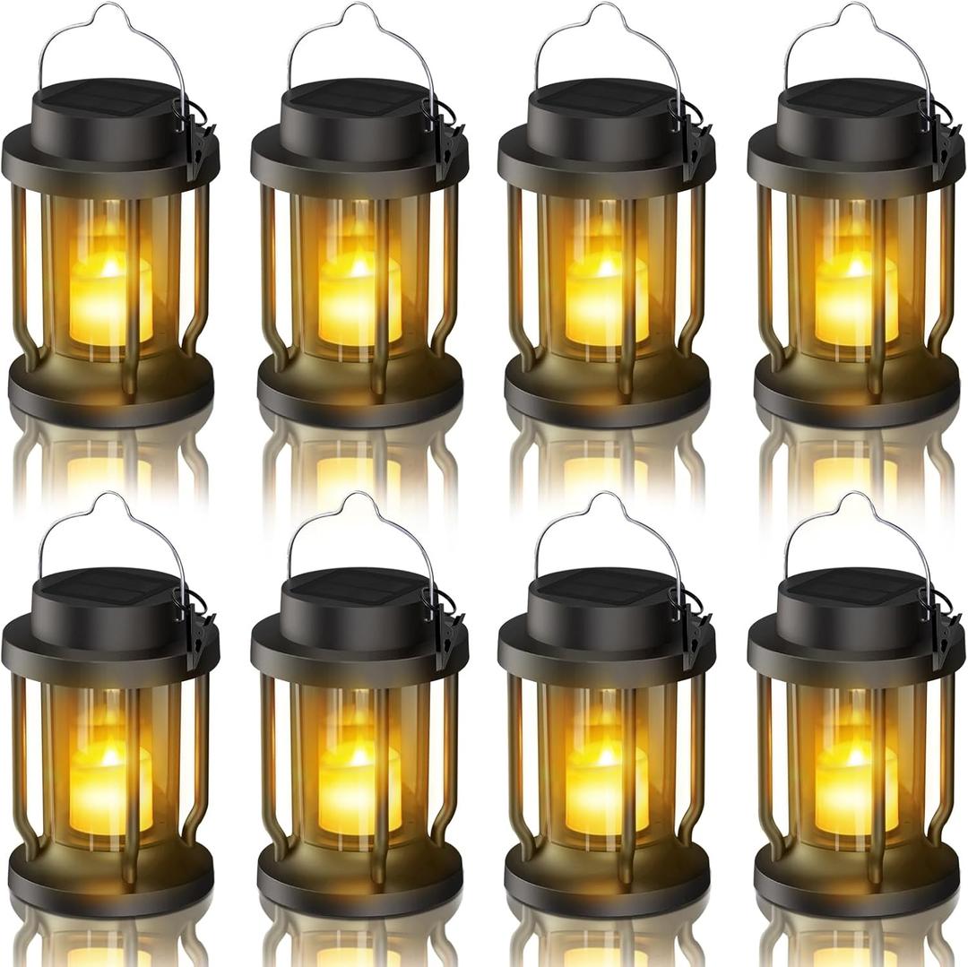 Solar Lantern Outdoor & Indoor Use  Hanging Solar Lights with Realistic Flickering Flameless Candle, Weatherproof for Gardens, Patios, Trees, and Lawns (Black, 8 Pack)
