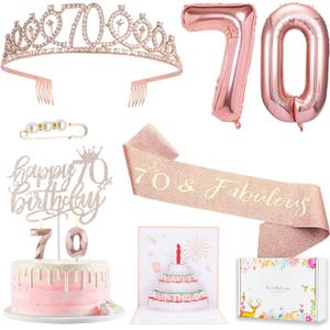 70th Birthday Gifts Decorations for Women, Including 70th Cake Toppers, Birthday Queen Sash with Pearl Pin, Sweet Rhinestone Tiara Crown, Number Candles and Balloons Set, Rose Gold