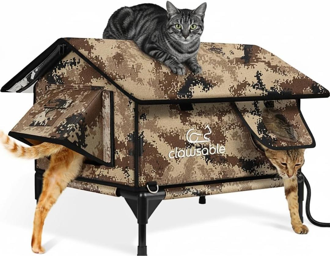 Indestructible Gable Roof Heated Cat House for Outside Winter, 100% Waterproof, Safe Escape Door, Insulated Outdoor Cat Shelter with Heater for Feral Barn Cat Kitty (Desert Camouflage, 24.5"x16"x19")