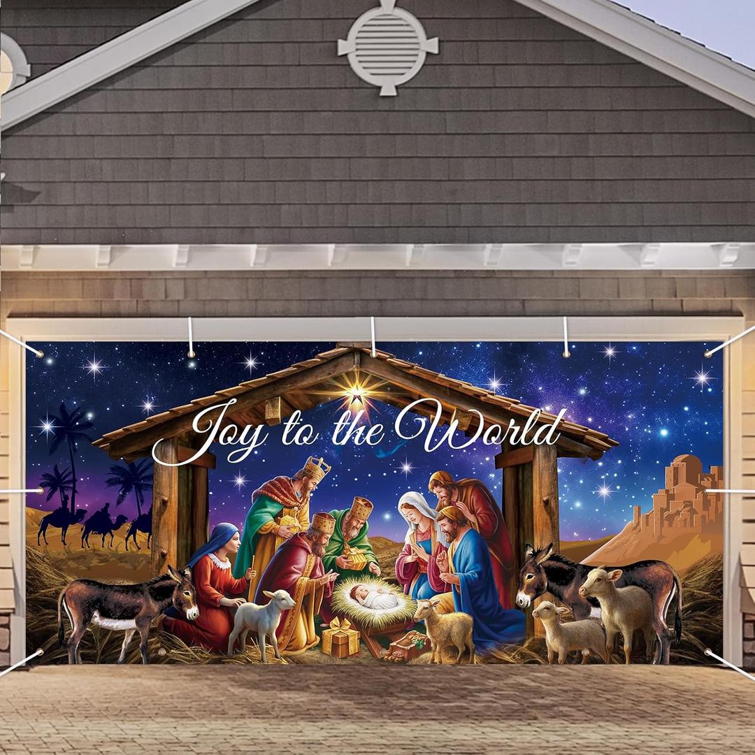 Nativity Garage Door Cover Decorations, 7X16 Ft Stable Manger Scene Backdrop Banner, Christmas Garage Door Covers Hanging Garage Decorations Xmas Religious Decor for Holiday Jesus Party