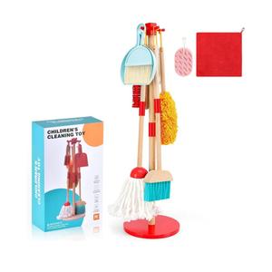 WHOHOLL Wooden Kids Cleaning Toy Set Toddler Broom and Dustpan Set for Housekeeping 9 Pcs Broom and Mop Set for Toddlers 3-6, Cleaning Toys with Sponge, Christmas Birthday Gifts for Boys Girls