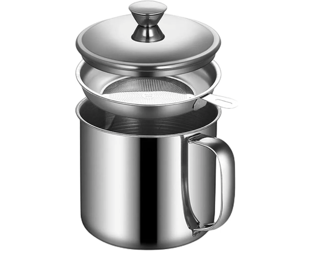 Grease Container with Fine Mesh Strainer kitchen oil storage tank pot (1.3L Stainless Steel 410)