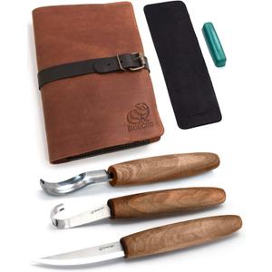 BeaverCraft Wood Spoon Carving Tools Kit S14x Deluxe - Whittling Tools Set Includes Sloyd Wood Carving Knife, Hook Knife, Gouge, Leather Roll-Up Case & Leather strop with Polishing Compound