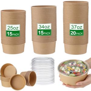 50 Pack Kraft Paper Bowls with Lid 25/34/ 37 oz Disposable Soup Salad Bowls Party Supplies, to Go Food Container for Party Dessert, Ice Cream, Yogurt, Microwave Freezer Safe
