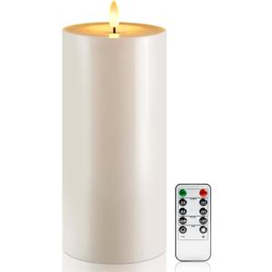 Raycare 4'' X 10'' Large Waterproof Outdoor Flameless Candle, Battery Operated LED Candles with Remote Control and Timer, Electric Fake Plastic Pillar Candles, Ivory